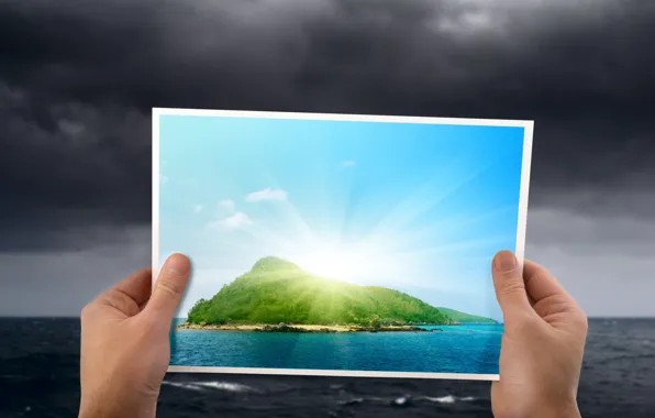 Обои картинки фото океан, горизонт, руки, снимок, райский