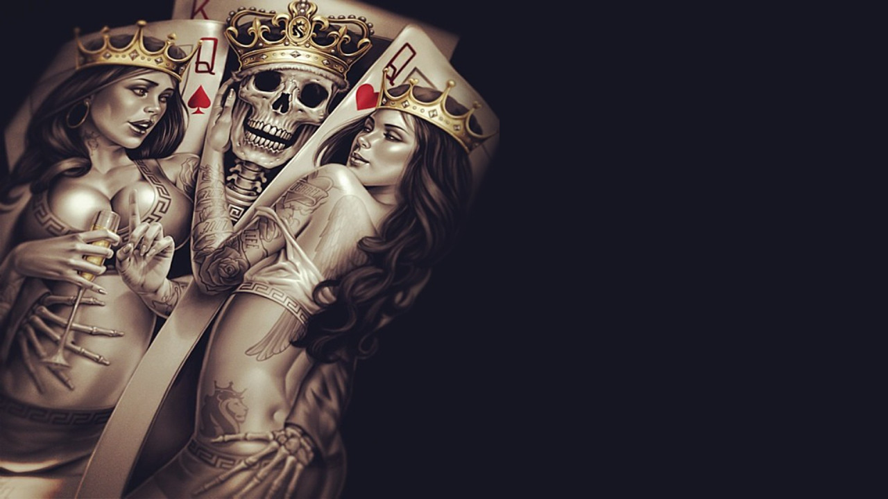 Скачать обои skull, Queen, Cup, poker, bones, tattoos, Crown, King, seducti...