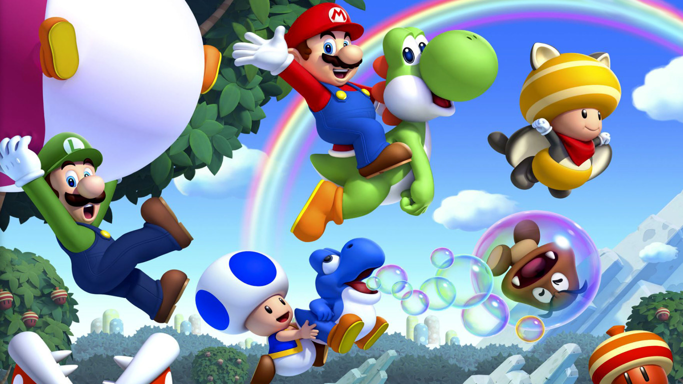 Скачать обои листья, деревья, грибы, радуга, Марио, Mario, N