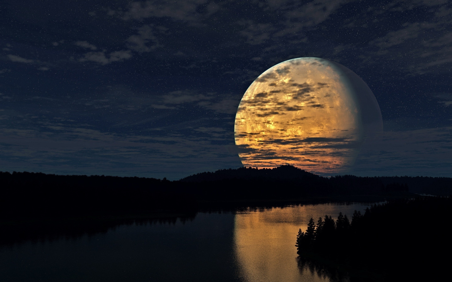 Скачать обои Moon, Sky, Night, River, Trees, раздел пейзажи в разрешении 14...
