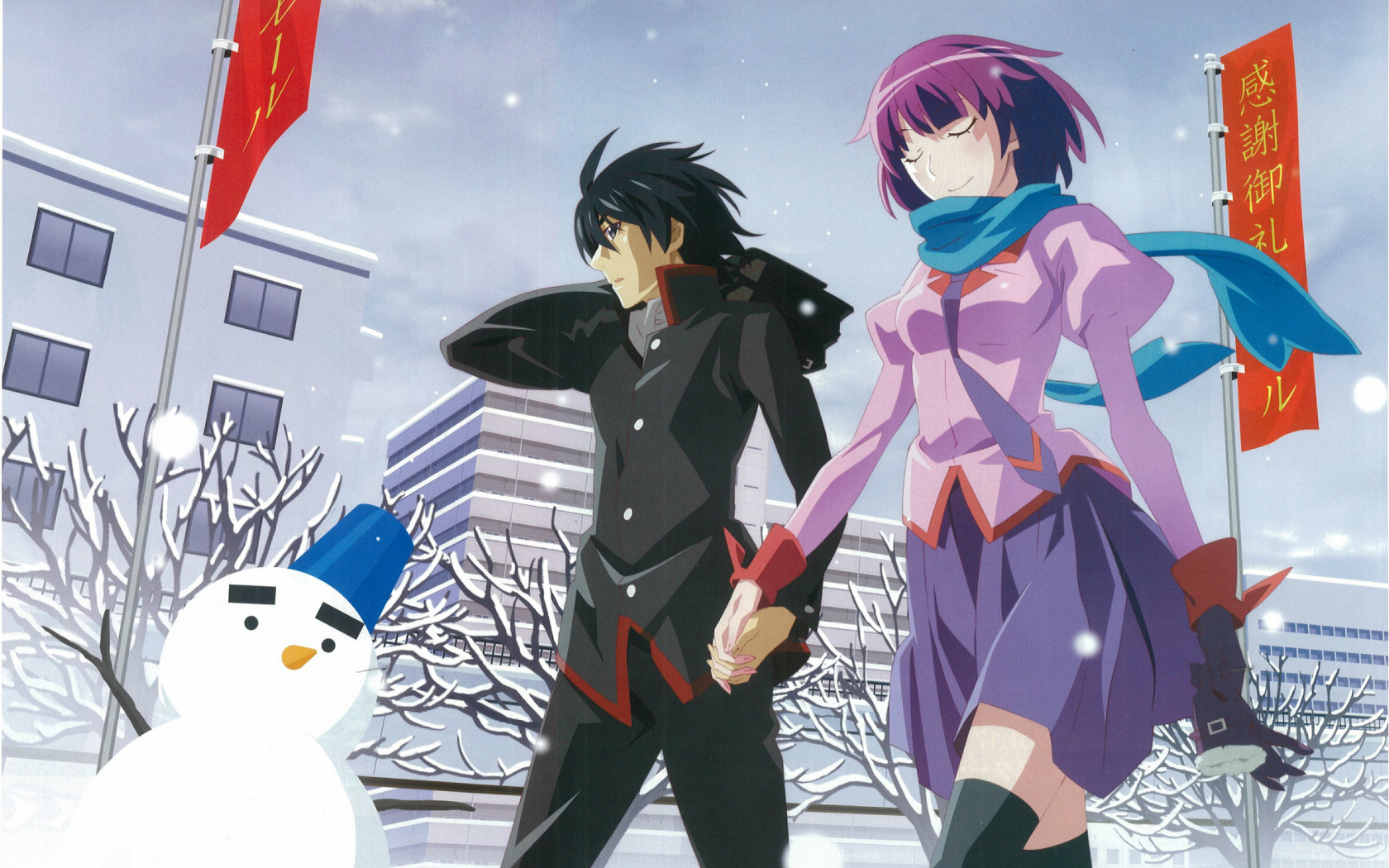 улица, снеговик, флаги, прогулка, свидание, школьники, Bakemonogatari, Koyo...