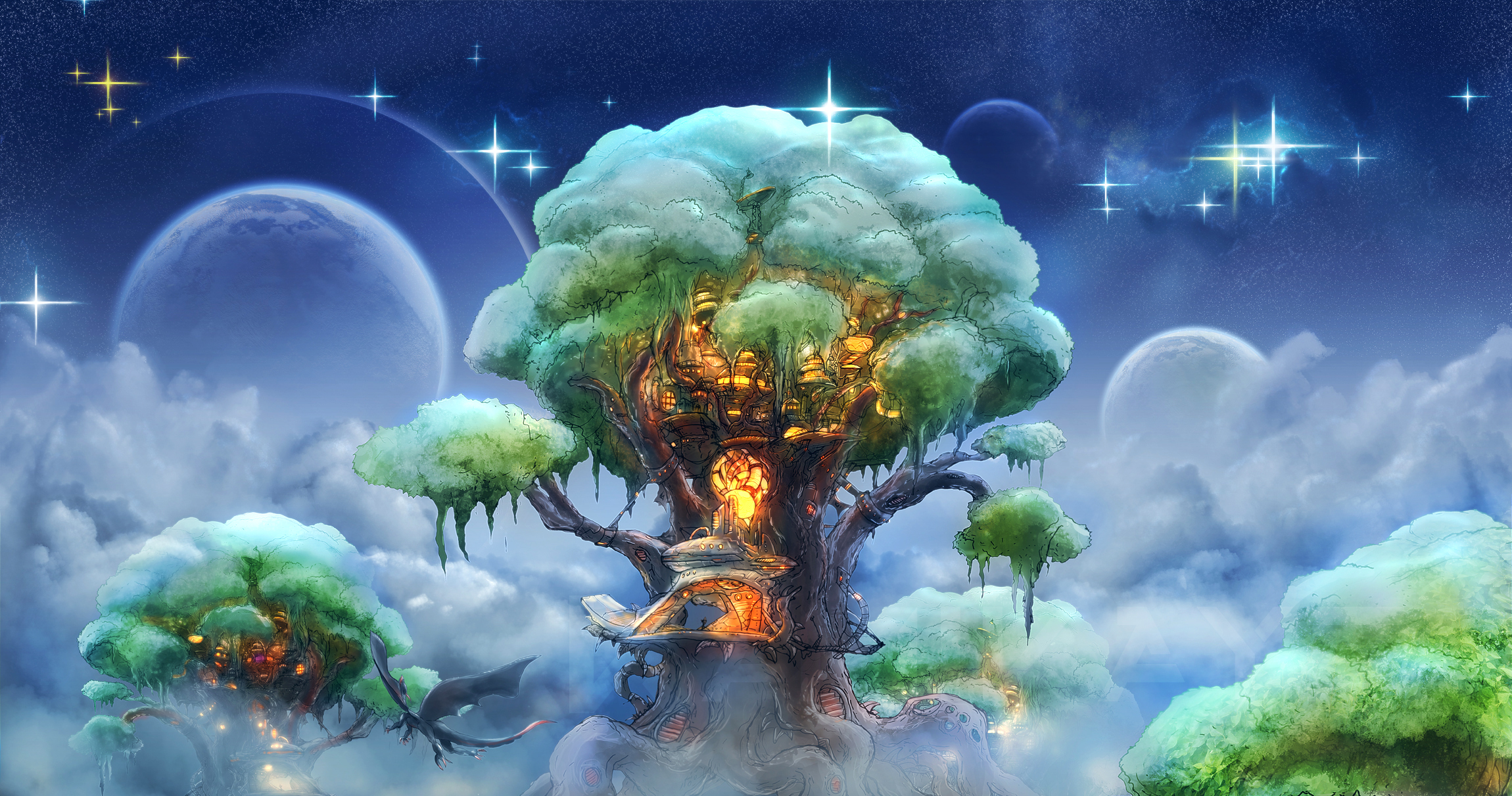 дерево, дракон, планеты, звёзды, фэнтези, арт, домик, полёт, house, fantasy, sky...
