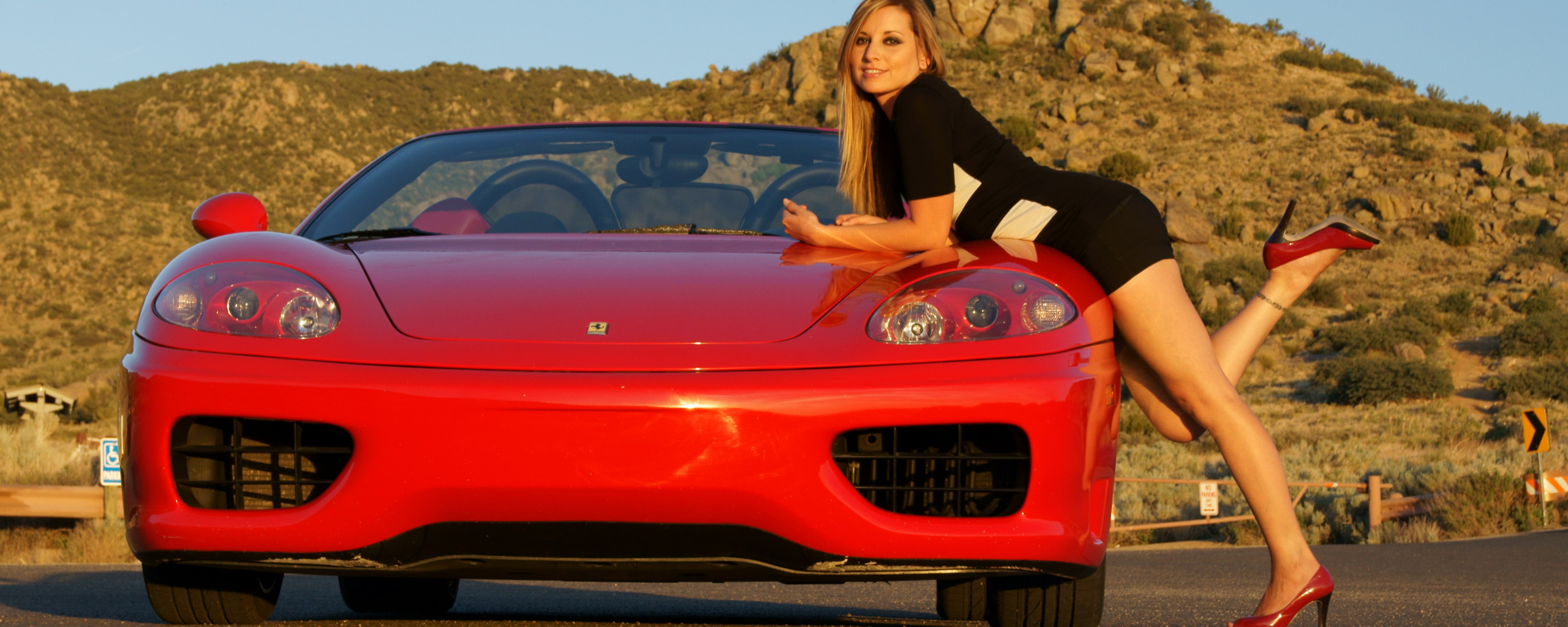 взгляд, девушка, гора, Девушки, Ferrari, красный авто. 
