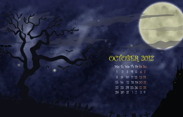 Картинка ночь, дерево, луна, рисунок, вектор, месяц, октябрь, кладбище, хэллоуин, календарь, числа, helloween, october