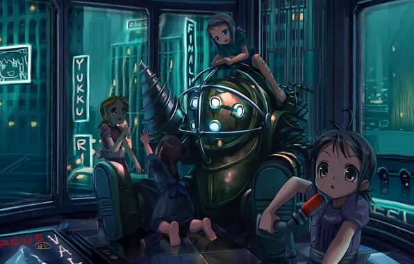 Картинка bioshock, armor, girls, anime, town, diving suit