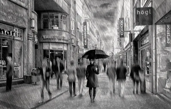 Картинка дождь, улица, зонт, арт, Lady Rain