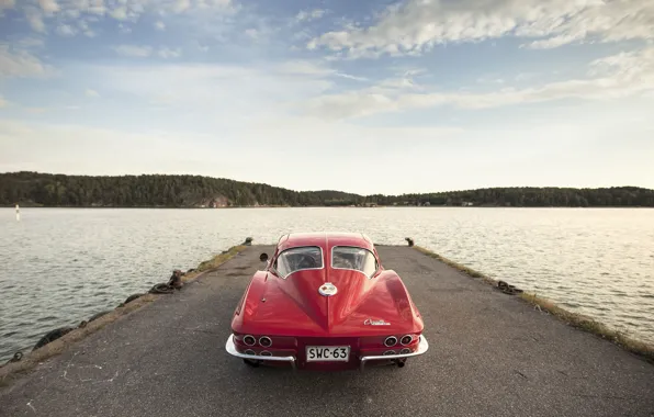 Картинка озеро, Corvette, Chevrolet, пирс, сзади, Sting Ray, 1963, задние фонари