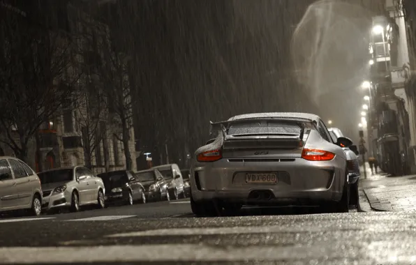 Картинка серый, дождь, Porsche, порше, gt3