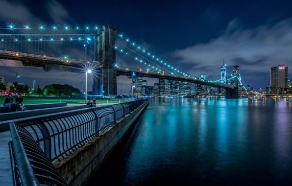 Картинка ночь, мост, огни, Нью-Йорк, Бруклин