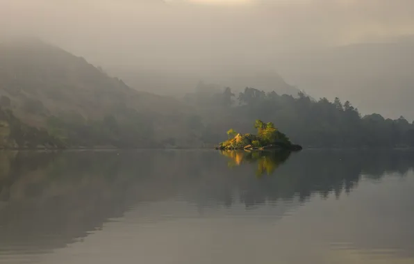 Картинка деревья, туман, озеро, гладь, отражение, холмы, остров