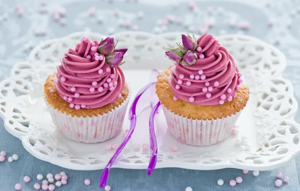 Картинка цветы, розовый, сладости, крем, десерт, выпечка, сладкое, поднос, кексы, ложки, Anna Verdina