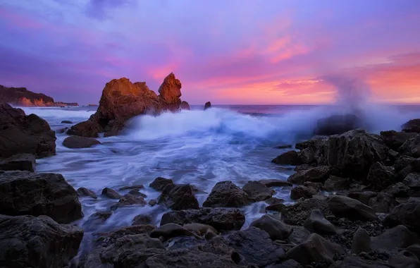 Картинка волны, закат, камни, океан, скалы, Калифорния, Pacific Ocean, California, Тихий океан, Corona del Mar, Корона …
