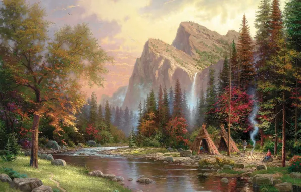 Картинка горы, река, дым, водопад, костер, живопись, Томас Кинкейд, painting, Thomas Kinkade, юрта, шалаш, The Mountains …