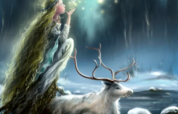 Картинка лед, зима, девушка, снег, лицо, животное, олень, огоньки, рога, профиль, принцесса, длинные волосы, мания