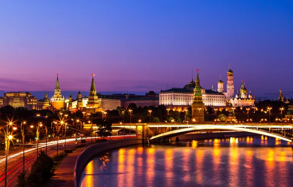 Картинка мост, река, Москва, Кремль, Россия, ночной город, набережная, Москва-река, Большой Краснохолмский мост