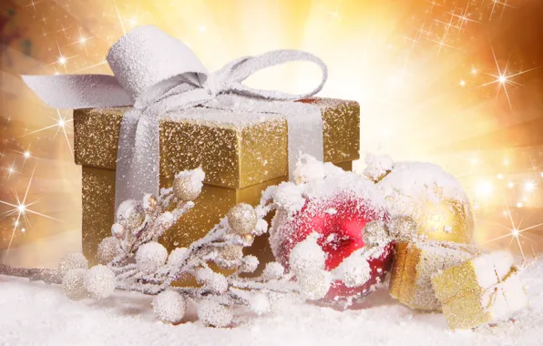 Картинка шарики, снег, украшения, коробка, подарок, шары, игрушки, ветка, Новый Год, Рождество, лента, праздники, золотая, елочные, …