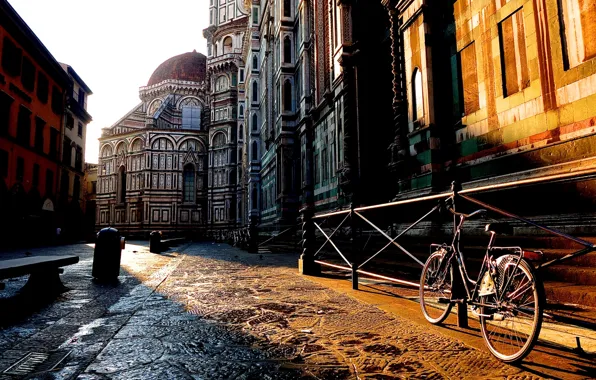 Картинка велосипед, город, восход, улица, здания, дома, утро, ограда, Италия, Флоренция, Italy, Тоскана, Florence, Toscana, Tuscany, …
