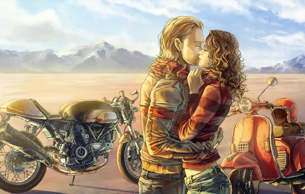 Картинка девушка, горы, рисунок, объятия, мотоцикл, парень, art, скутер, by c85, Can't stop lovin' you