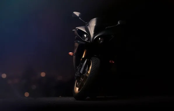 Картинка чёрный, фары, мотоцикл, суперспорт, black, вид спереди, yamaha, bike, ямаха, supersport, yzf-r1