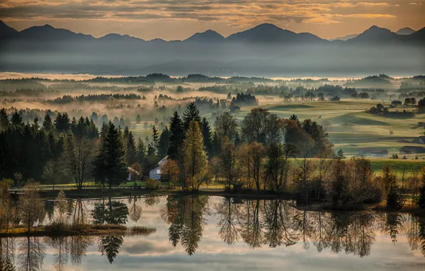 Картинка осень, деревья, горы, отражение, река, рассвет, утро, Германия, Бавария, Germany, Bavaria, Вильдштайг, Wildsteig
