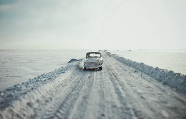 Картинка дорога, машина, снег, Москвич 407