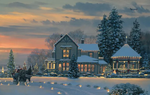 Картинка зима, снег, огни, дом, самолет, лошадь, елки, ель, вечер, Рождество, фонари, подарки, Новый год, повозка, …
