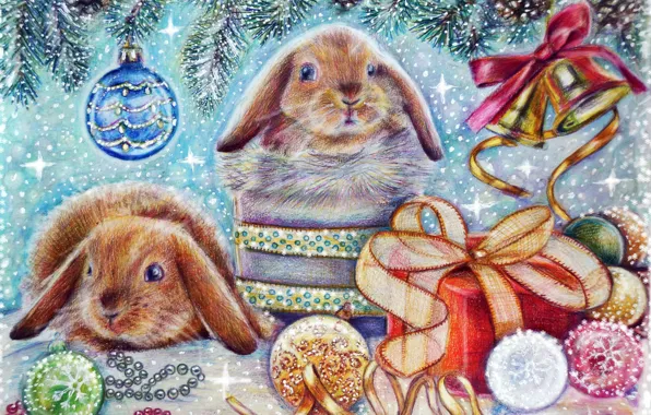Картинка зима, животные, снег, праздник, подарок, игрушка, елка, новый год, заяц, рождество, колокольчик