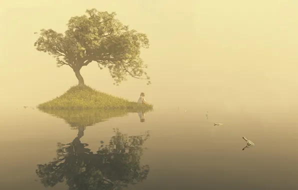 Картинка вода, девушка, туман, озеро, гладь, одиночество, дерево, арт, бутылки, островок, записки