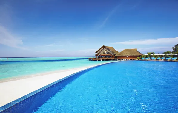 Картинка океан, бассейн, Мальдивы, отель