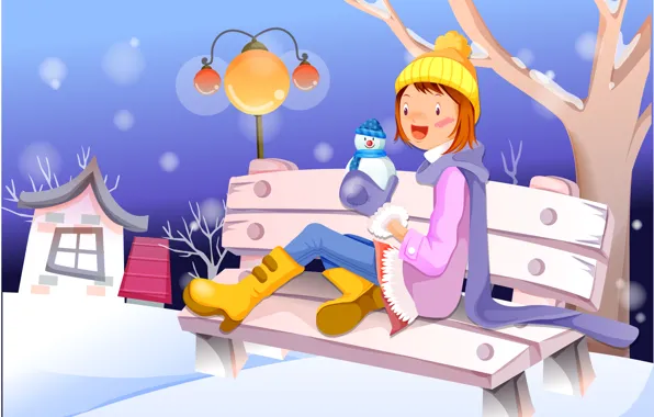 Картинка зима, девушка, скамейка, дом, дерево, графика, фонарь, снеговик