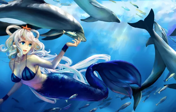 Картинка девушка, рыбки, океан, звезда, русалка, медведь, арт, дельфины, vocaloid, под водой, вокалоид, luo tianyi, jiaoshouwen
