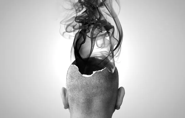 Картинка дым, черно-белая, голова, Взрыв, Мозг