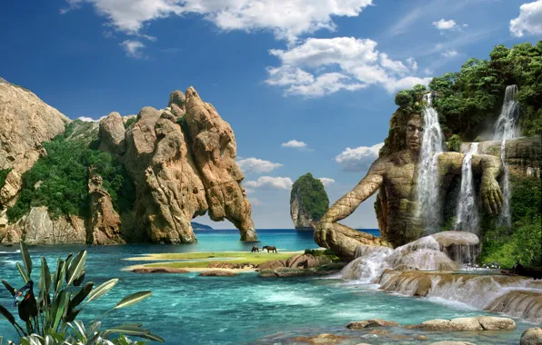 Картинка море, горы, природа, камни, скалы, водопад, каменный мужчина