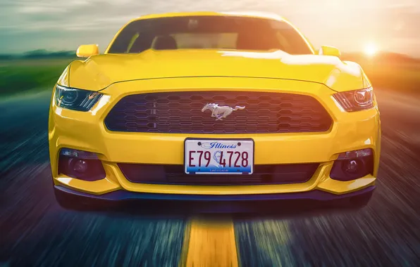 Картинка Mustang, Ford, Muscle, Car, Front, Sun, Yellow, Road, 2015, Composite