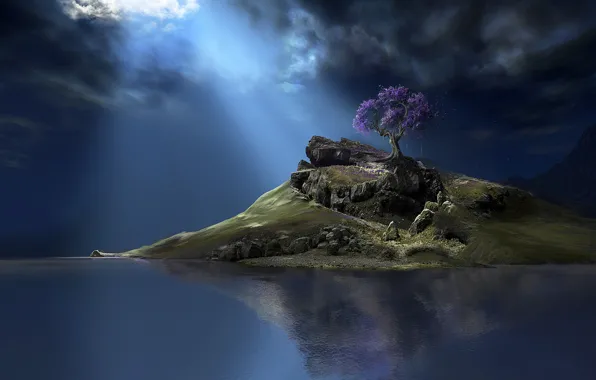 Картинка небо, вода, тучи, фантастика, дерево, остров