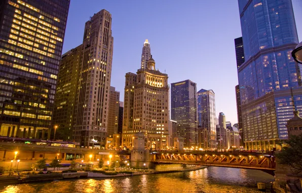 Картинка город, река, небоскребы, вечер, Чикаго, США, Chicago, Иллиноис