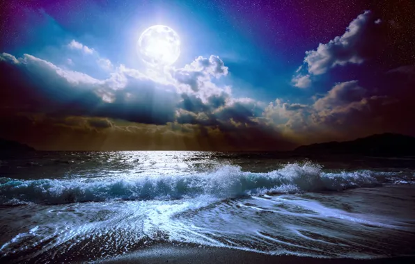 Картинка море, волны, небо, облака, пейзаж, ночь, природа, океан, Луна, waves, moon, лунный свет, sky, sea, …