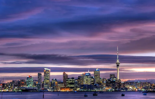 Картинка небо, city, город, огни, небоскребы, Новая Зеландия, сумерки, sky, Окленд, New Zealand, Auckland, гавань, skyscrapers, …