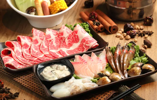 Картинка рыба, мясо, корица, креветки, морепродукты, специи, японская кухня, блюда, кальмары, бадьян, ассорти, моллюски