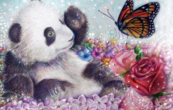 Картинка цветы, бабочка, роза, медведь, арт, панда