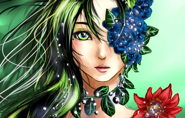 Картинка глаза, взгляд, листья, девушка, лицо, аниме, арт, волосы. цветы