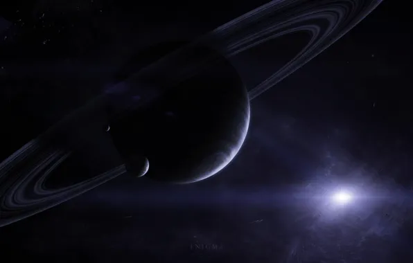 Картинка звезда, планета, кометы, спутники, газовый гигант, кольца. астероиды, энигма