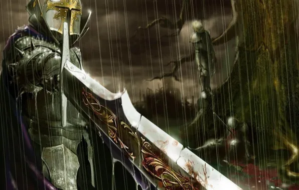 Картинка дождь, дерево, кровь, меч, воин, трупы