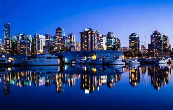 Картинка ночь, город, океан, здания, пристань, яхты, небоскребы, вечер, Канада, Ванкувер, Canada, Vancouver