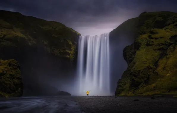 Картинка небо, природа, человек, водопад, Исландия