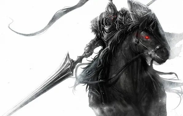 Картинка оружие, конь, рисунок, всадник, красный глаз, монохромный