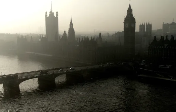 Картинка мост, город, река, фото, фон, обои, белое, картинки, башня, лондон, черное, панорама, Темза, Биг-Бен, wallpapers, …