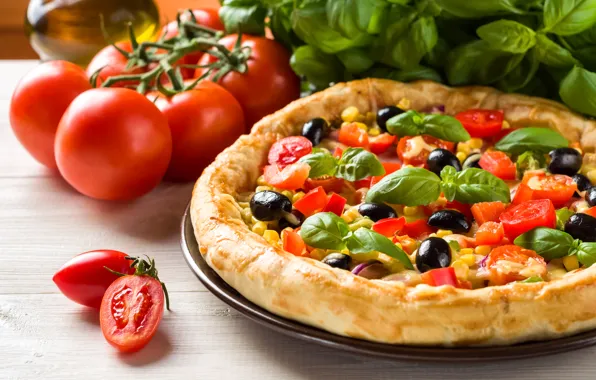 Картинка кукуруза, перец, пицца, помидоры, оливки, специи, tomatoes, Fast food, pepper, базилик, olives, Pizza
