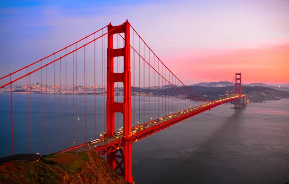 Картинка дорога, вода, закат, мост, город, огни, вечер, шоссе, Калифорния, залив, Сан-Франциско, Золотые Ворота, USA, США, …