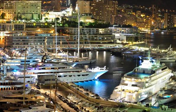 Картинка city, дома, яхты, вечер, порт, Monaco, night, Монако, Monte Carlo, Монте Карло, огни.